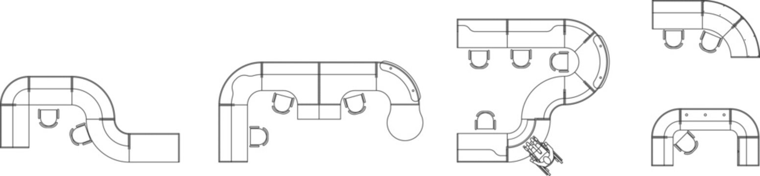 Modern curved office workstations and circular reception desk layouts featuring ergonomic seating for creative office plans.