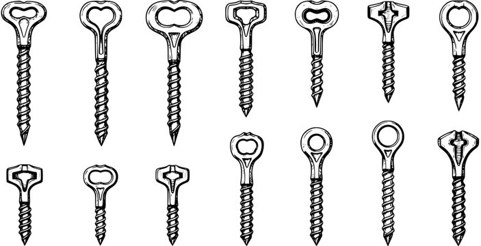 Screw-in Anchor Set: Vintage Style Hand Drawn Black and White Illustration
