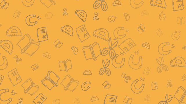 Seamless handdrawn school supplies pattern on warm orange background ideal for education branding backgrounds packaging and digital design.