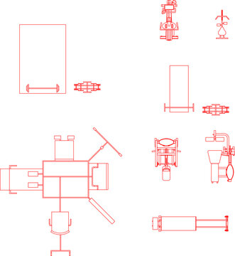 Professional gym equipment collection featuring treadmill, exercise bike, and weight benches for fitness center floor plans.