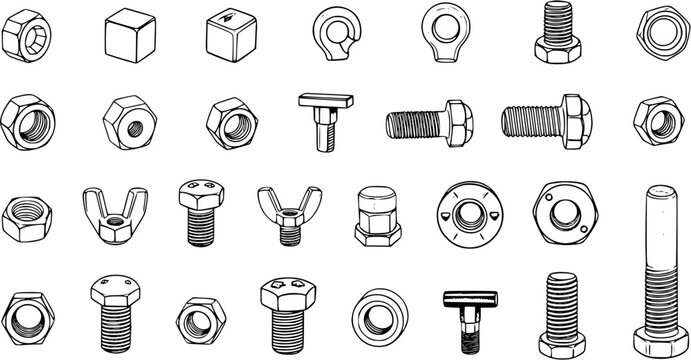 Hardware Collection: Line Art Illustration of Fasteners, Nuts, Bolts, Washers, and More