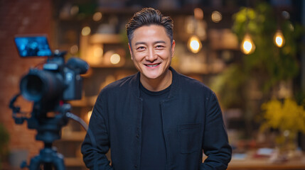 Fototapeta premium A smiling man in a dark jacket in a warmly lit indoor setting.