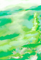 Fototapeta premium Abstract or Impressionistic Landscape of Cloud in Sly above Mountains w/Rolling Foothills & Pine Tree in Forefront - Digital Painting, Art, Design, Illustration, Design-in Green, Teal, Aqua, & Mauve