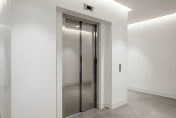 Fototapeta premium Stainless Mirrored Elevator Doors Framed By Smooth Plaster For Premium Construction, Modern Lobbies, And Interior Styling