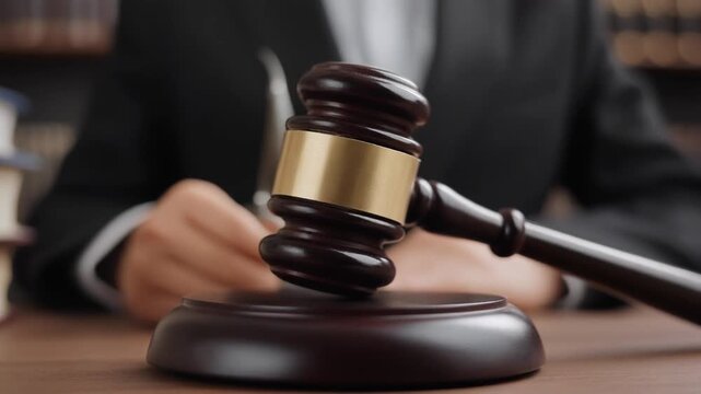 Gavel Slamming Down Forcefully on a Wooden Block in a Formal Courtroom Setting Representing a Crucial Judicial Decision Legal Ruling or an Important Agreement
