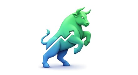 Fototapeta premium Dynamic green and blue bull with rising white arrow on body