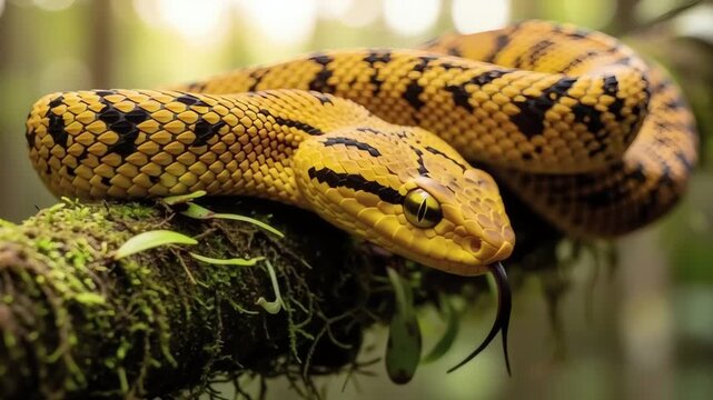 Close-up wildlife video of a golden lancehead snake resting on a branch in natural habitat.