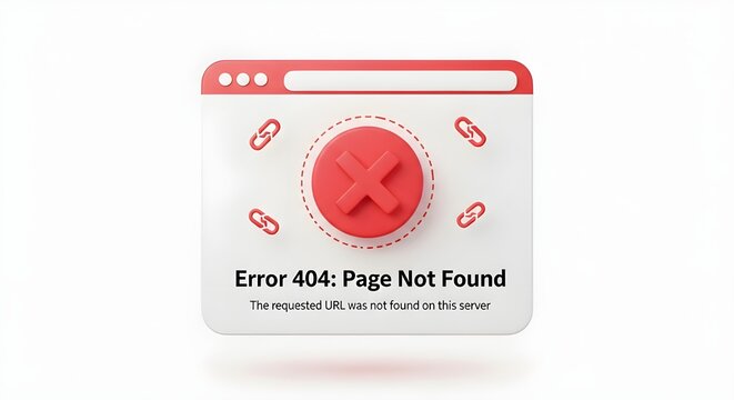 Error 404 page not found with red icons on white background