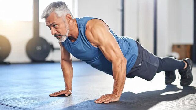 Senior Man Doing Push-ups in Gym for Fitness