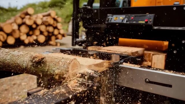 Medium shot capturing the control panel and splitting action of a versatile hydraulic log splitter illustrating userfriendly operation and safety features