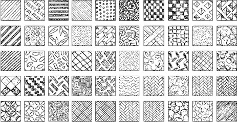 Set of 49 Hand-Drawn Sketchy Texture Patterns. Various Graphic Design Elements, Architectural Hatching, and Doodle Styles in Black and White.