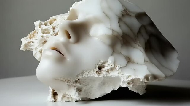 Abstract Sculpture of a Human Face Emerging from Rough Material.