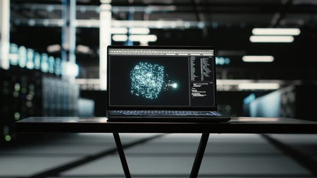 Close up of AI on data center laptop using neural networks to optimize server load. Artificial intelligence model technology used on notebook in server farm to improve efficiency, handheld camera shot