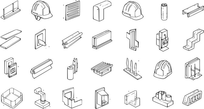 Isometric Line Art Icon Set of Industrial, Construction, and Architectural Components, featuring Hard Hats, Metal Profiles, Fasteners, and Connectors.
