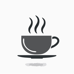 A top-down view of a steaming coffee cup on a matching saucer, captured in a minimalist monochrome illustration that highlights hot steam rising in a clean white setting
