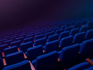 Naklejka premium Empty Blue Cinema Seating with Dramatic Theater Lighting. Generative Ai
