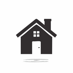 Fototapeta premium Illustrated black-and-white house icon showing a gable roof, chimney, white door with knob, four-pane window and subtle shadow, viewed straight on for branding use