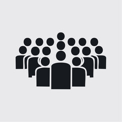 Stylized black‑and‑white illustration of a crowd of people and figures arranged in three rows, silhouette style, viewed from a frontal perspective, representing an audience in a plain graphic setting