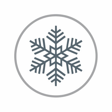 Centered close‑up view of a dark blue snowflake with sixfold symmetry inside a thin gray circle, captured as a minimalist illustration emphasizing delicate geometry and serene winter elegance