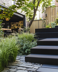 Traditional wooden Japanese house with a flower filled balcony in a peaceful summer garden