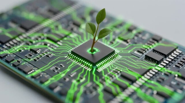 Sustainable tech concept with microchip and green sprout