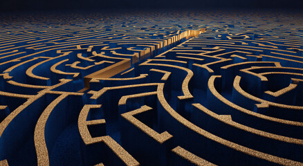 Aerial view of a golden labyrinth on a dark background, symbolizing complexity and mystery.