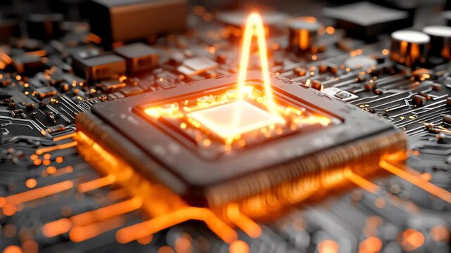 Modern motherboard components, AI artificial intelligence accelerator chip, Neural network hardware machine, Computer hardware silicon die close up, Supercomputer electronic circuit board
