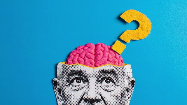 Man with a pink brain and a yellow question mark shifting from left to right inside his open head on a bright blue background