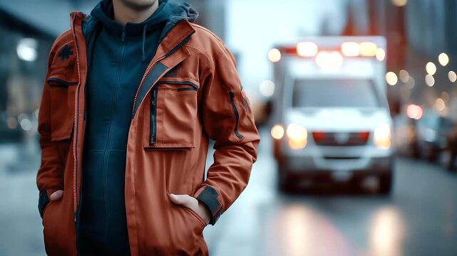 Faceless man in red orange jacket rescue paramedic standing on evening street, ambulance vehicle background, emergency services, with copy space