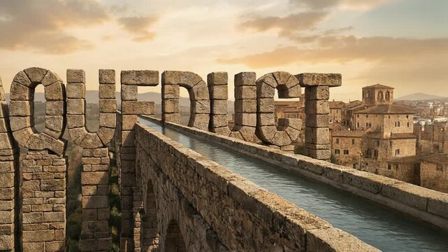 Conceptual Stone Aqueduct Typography in an Ancient Landscape on a Sunny Day