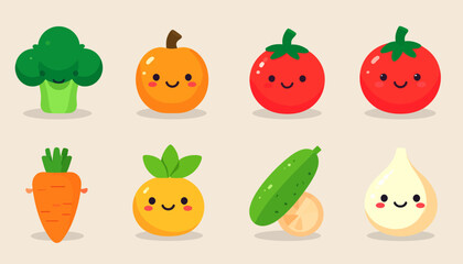 Cute Cartoon Vegetables with Smiling Faces