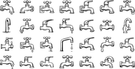 Hand-drawn sketch collection of various water faucets and taps, featuring different styles, isolated on white for plumbing, water conservation, and household design themes. © pixsource