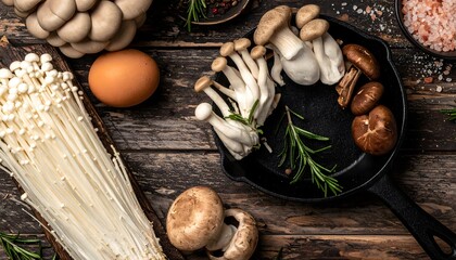 Assortment of fresh mushrooms and an egg on a rustic wooden surface, with rosemary sprigs and salt for culinary preparation