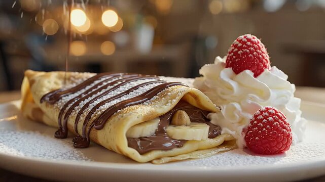 Close up of a sweet crepe with chocolate and whipped cream on a plate