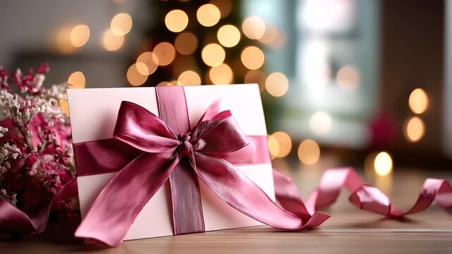 Gift certificate mockup with pink ribbon, bow on pink background, festive atmosphere design, Christmas or Valentine's Day promotion, holiday voucher template, celebration gift