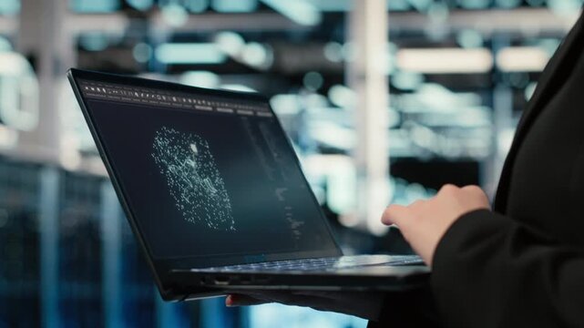 AI LLM assistant, laptop closeup and technician in data center troubleshooting issues. Artificial intelligence model, notebook and specialist in server hub specialist analyzing system logs, camera B