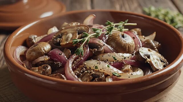 Close up of cooked mushrooms and onions in ceramic dish