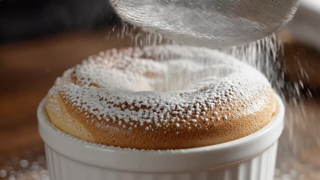 Close up of dessert being dusted with powdered sugar top view