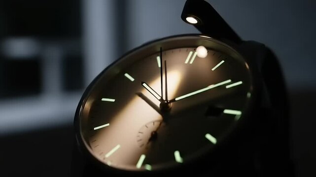 Closeup of a clock face in darkness.