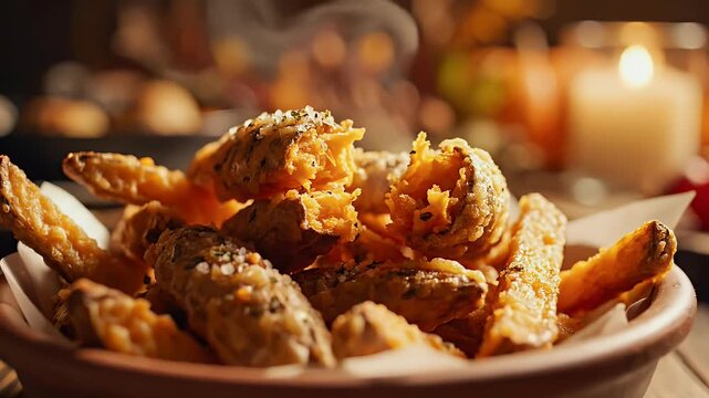 Close up of golden fried food in rustic bowl with candle light