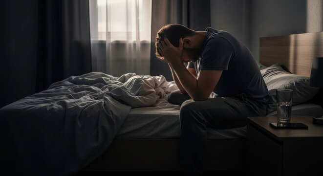 A man sits on the edge of a bed, overcome with emotion, in a dimly lit bedroom.