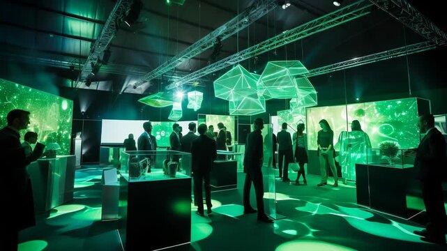 People interact in green lit exhibition.