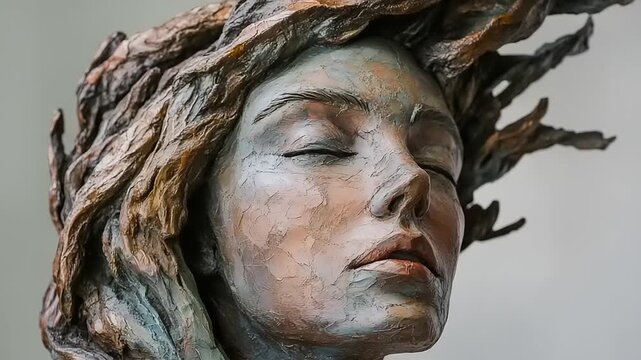 Close-up of a textured bronze sculpture of a womans face with eyes closed.