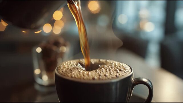 Freshly Brewed Coffee Poured into a Dark Mug in a Cozy Cafe Setting.