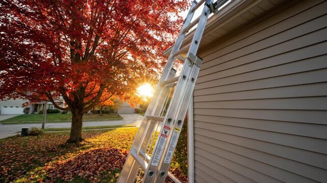 Aluminum extension ladder leaning against beige house siding for gutter maintenance in autumn