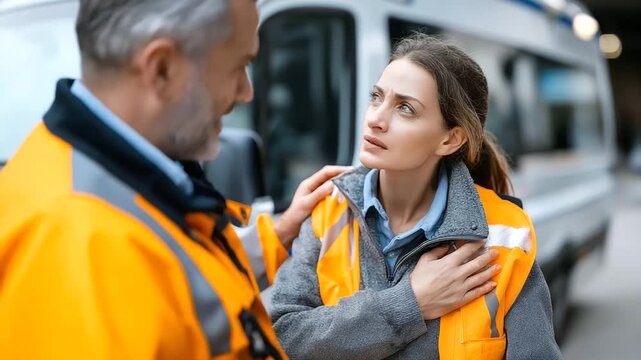 Faceless woman in bright orange jacket paramedic emergency team helping injured patient get into ambulance van, with copy space