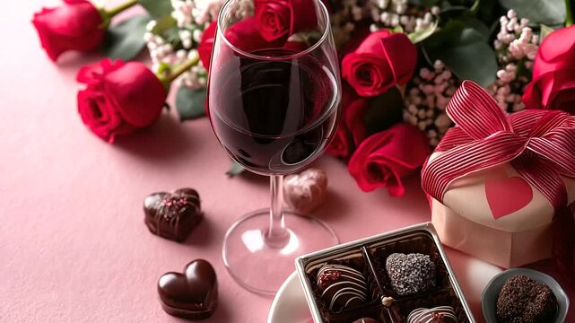Valentine's Day banner with red wine, gift box arrangement, heart-shaped chocolate sweets, red roses bouquet, pink background setting, view from above composition, festive