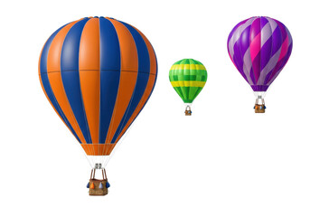 Fototapeta premium three photorealistic hot air balloons (blue, orange, green, yellow, purple stripes) with wicker gondolas on a seamless high-key white studio background. concept of exploration and adventure