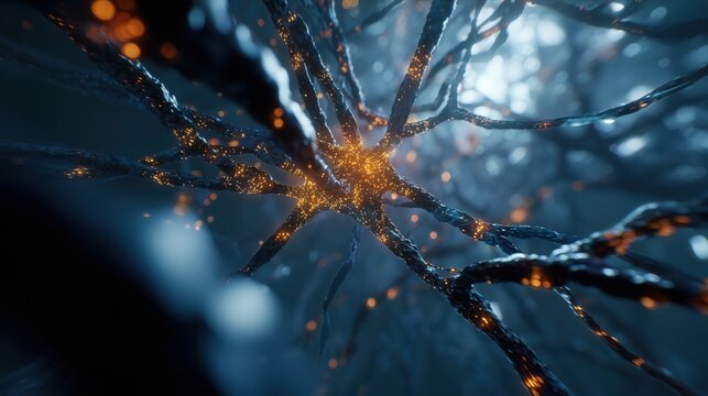 Microscopic view of active neurons firing electrical impulses in the brain.