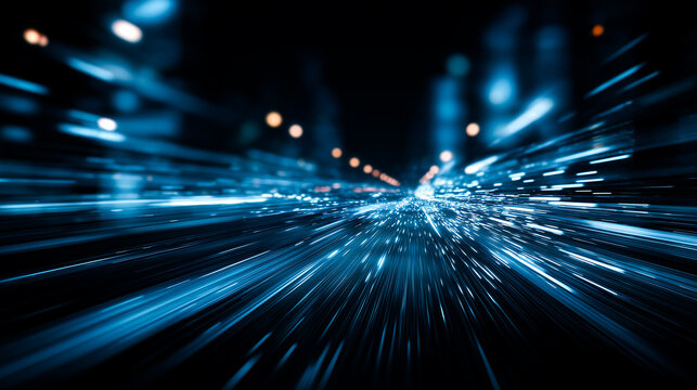 high speed data trails and light beams converging at a central horizon point